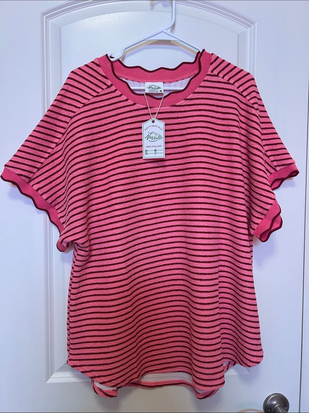 Very J Pink and Maroon Striped Short Sleeve Tee with Scalloped Trim